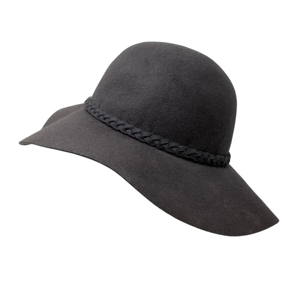 Forever 21 Wool Felt Cloche Hat Gray Feather Accent Wide Brim One Size Womens